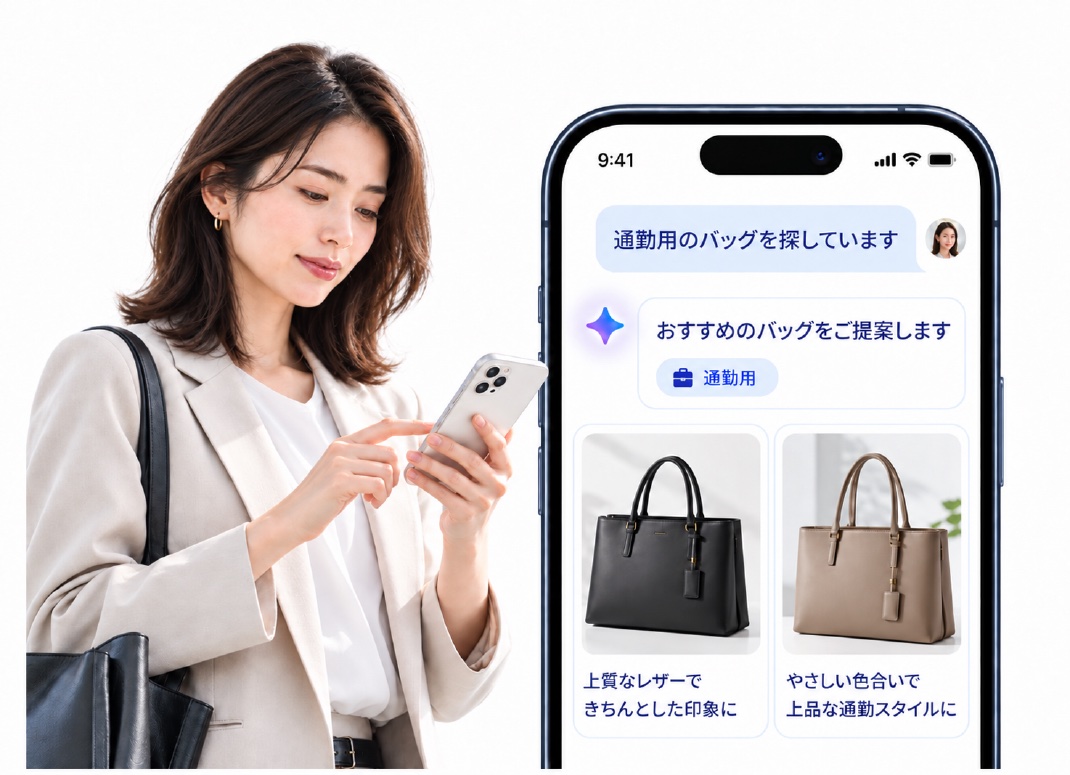 スマートフォンでAIに相談している女性と、通勤用のバッグの候補が3件表示されたチャット画面