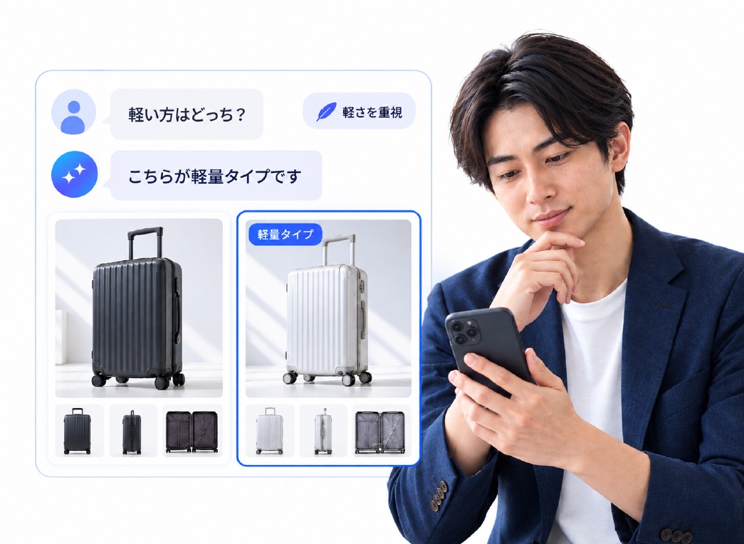 スマートフォンを手に考えている男性と、2つのスーツケースを軽量タイプの条件で比較しているチャット画面