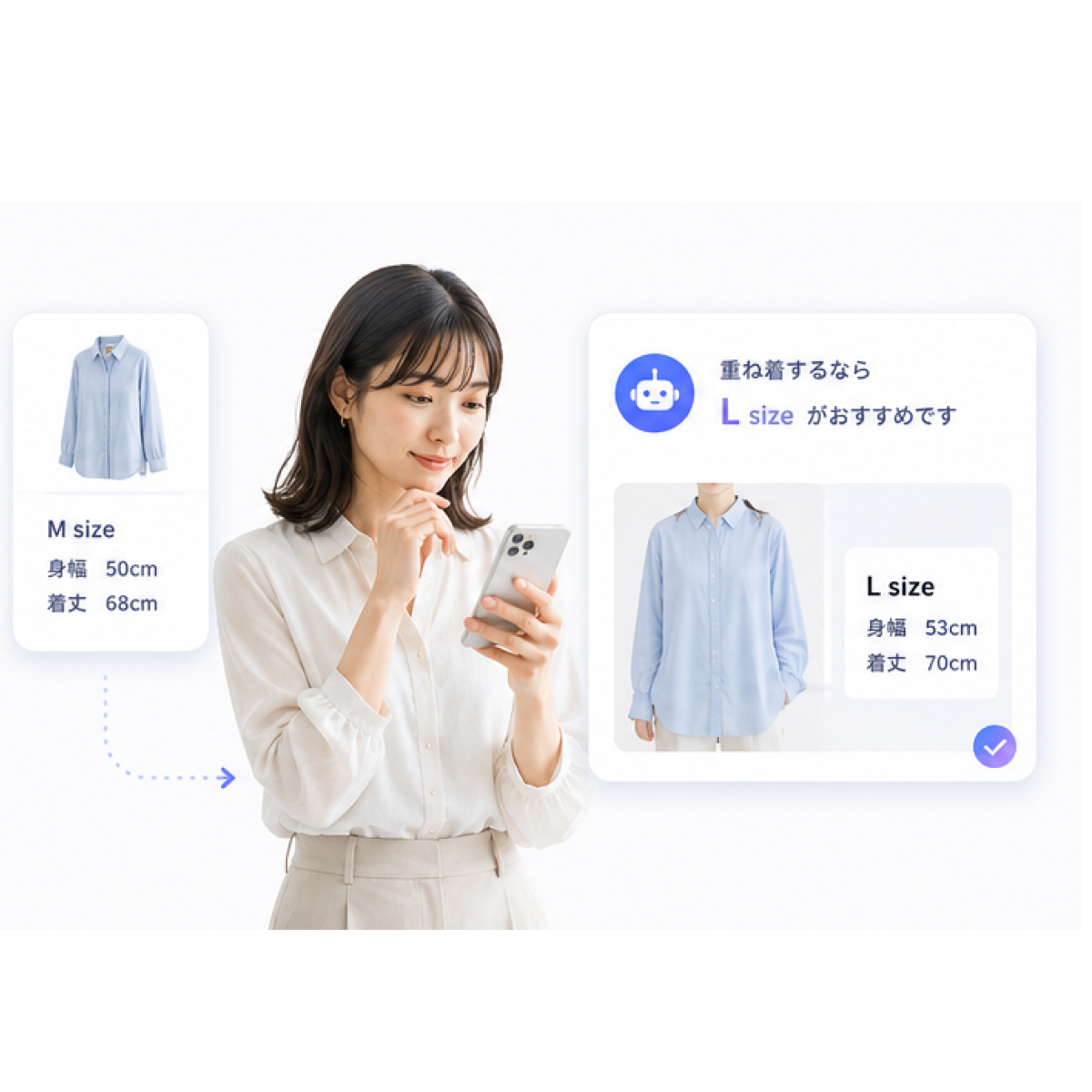 サイズや仕様の相談のイメージ：AI がサイズや用途に応じた選択肢を提示する画面