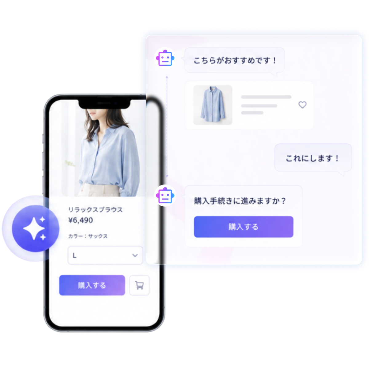会話のまま購入へのイメージ：AI の提案からそのまま購入導線に進める画面
