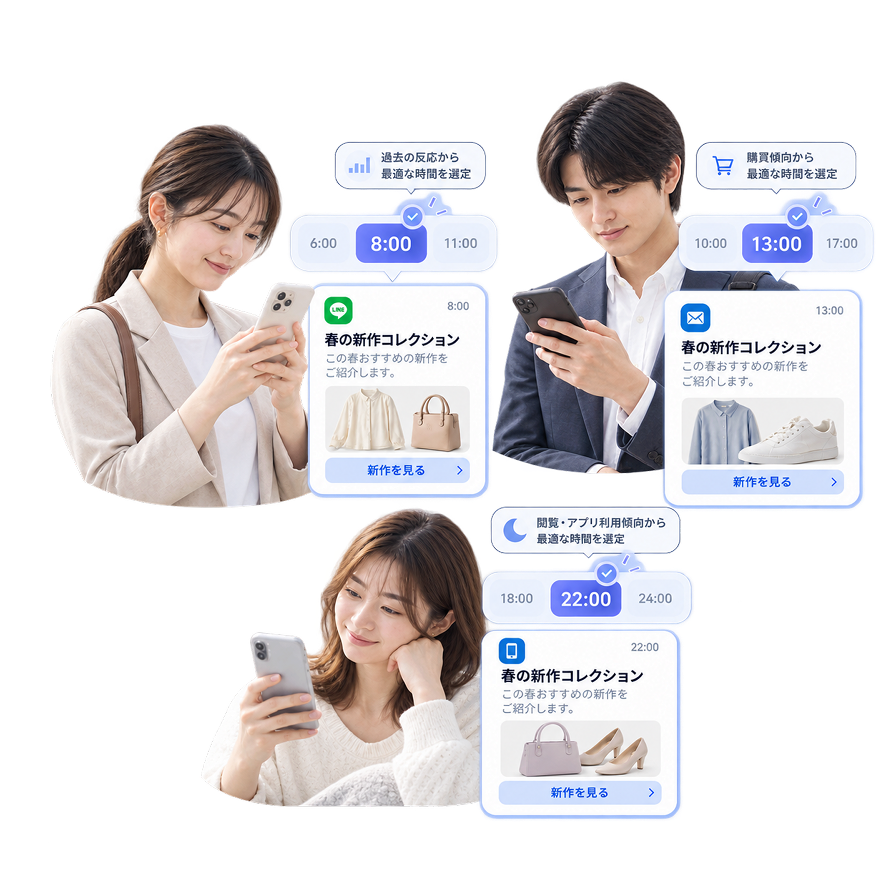 配信時間の自動最適化のイメージ：顧客ごとに異なる時刻で配信がスケジュールされている画面