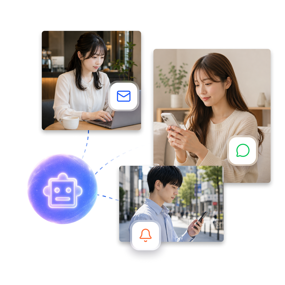 チャネル最適選択のイメージ：AIが顧客ごとにメール・LINE・Push・SMSから最適なチャネルを選んでいる様子
