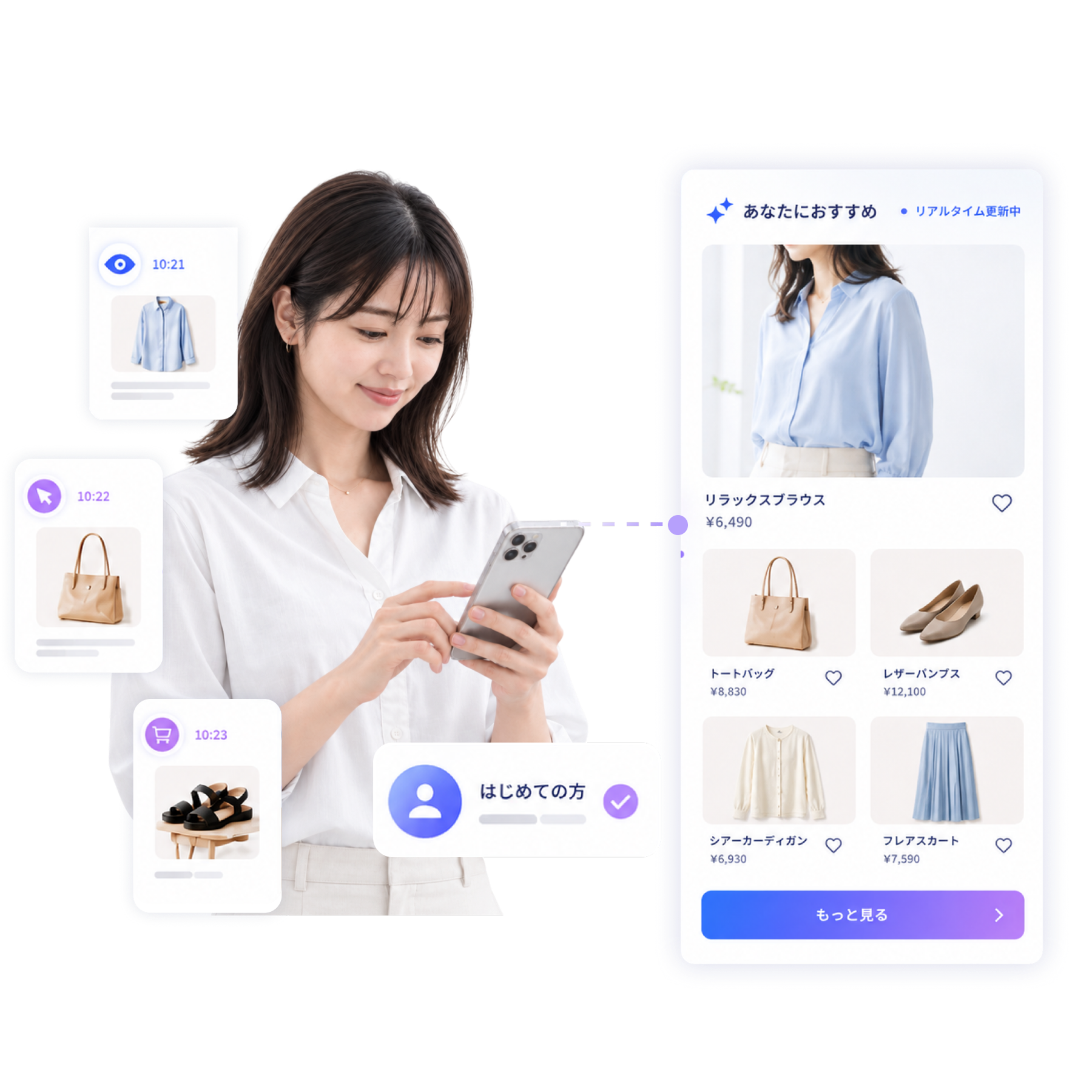 スマートフォンを操作する女性と、閲覧・カート追加の履歴にあわせておすすめ商品が並び替わるアプリ画面