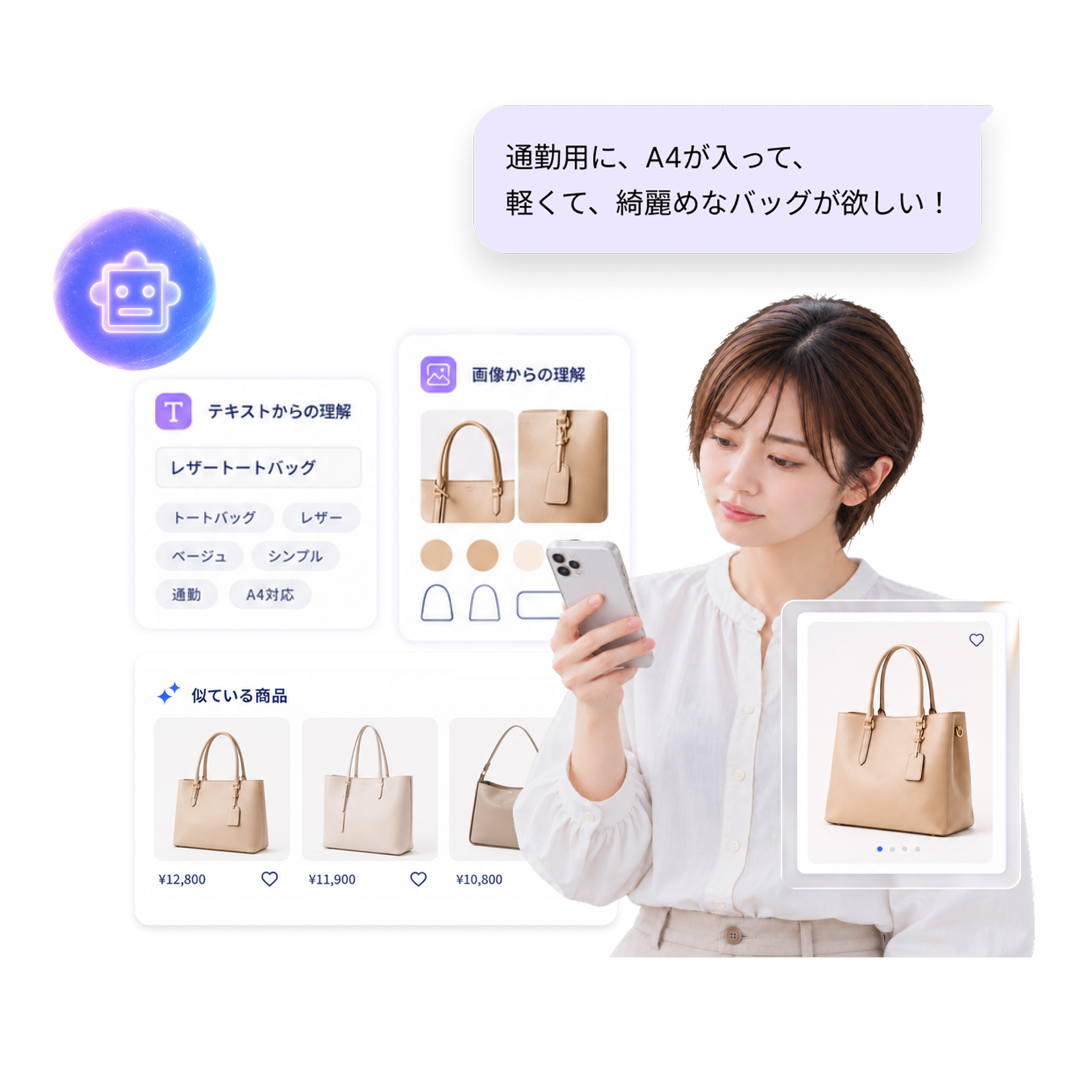 「通勤用に、A4が入って、軽くて、綺麗なバッグが欲しい！」という要望をAIがテキストと画像の両面から解析し、条件に近いバッグを並べて提案している画面