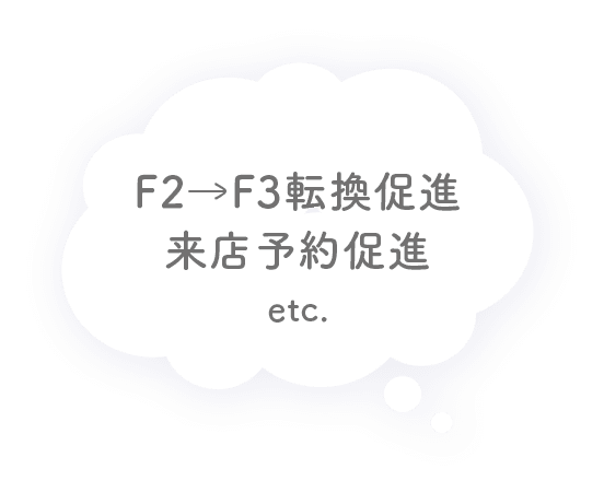 F2→F3転換促進、来店予約促進、etc.
